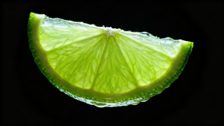lime slice isolated on black background, macro shot with selective focus.の素材