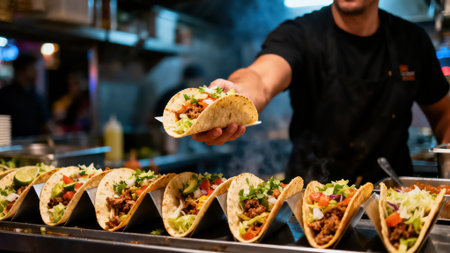 Close up of a man holding a taco in a fast food restaurantの素材