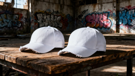 White baseball cap on a wooden table in an old abandoned factory.の素材