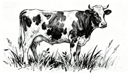 black and white engraving of a cow on a meadowの素材