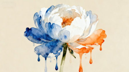 Watercolor painting of blue and white peony flower on old paper backgroundの素材