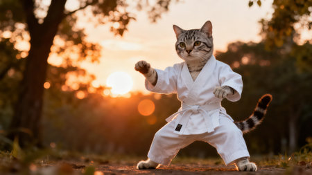Cute tabby kitten in white kimono training in the park at sunsetの素材