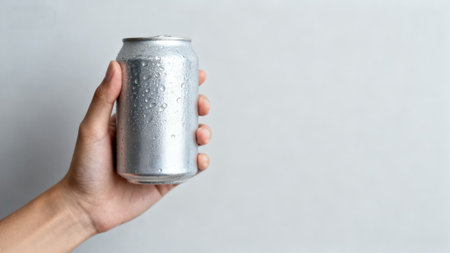 Aluminum can in hand on white background with copy space for textの素材