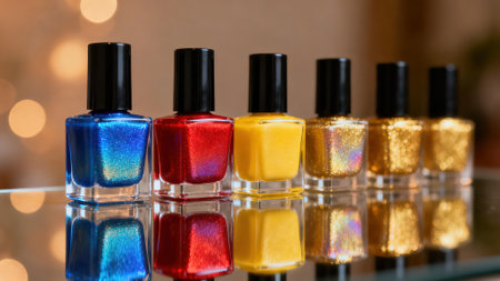 Nail polish bottles on mirror table in beauty salon, closeupの素材