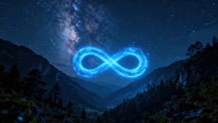 Infinity symbol glowing in the night sky. 3D rendering.の素材