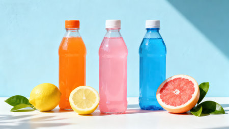 bottles of fresh juice with lemon and grapefruit on a blue backgroundの素材