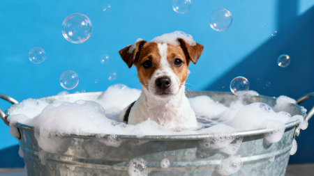 Dog take a bath with soap bubbles. Jack Russell Terrier.の素材