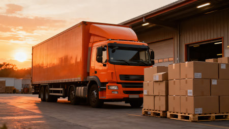 Truck with boxes in warehouse at sunset, freight transportation and logistics conceptの素材