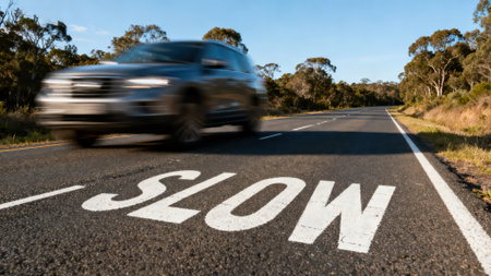 Conceptual image of a car passing by on an empty roadの素材