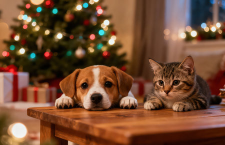 Cute cat and beagle dog lying on the table near the Christmas treeの素材