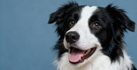 Portrait of cute smilling puppy border collie on blue backgroundの素材