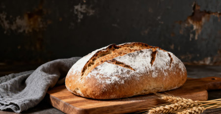 Freshly baked traditional bread on a rustic wooden table, selective focus.の素材