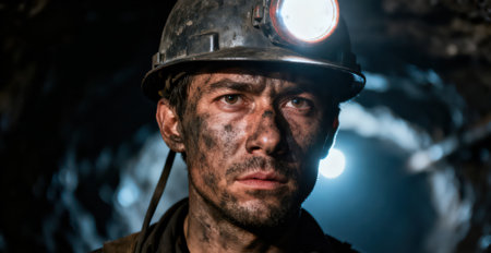 Portrait of a male miner in a mine. Selective focus.の素材