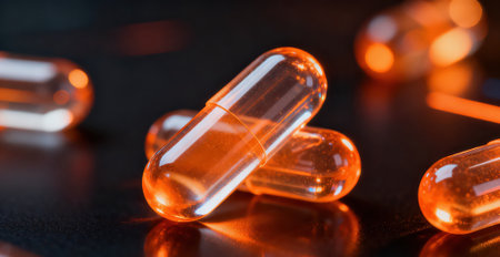 Close-up of orange capsules on black background. Focus on foregroundの素材
