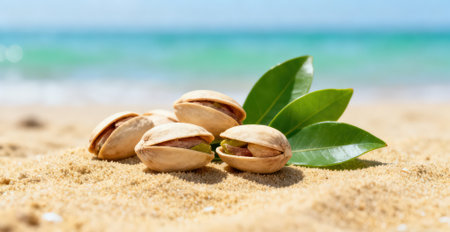Pistachio nuts with green leaves on the sandy beach.の素材