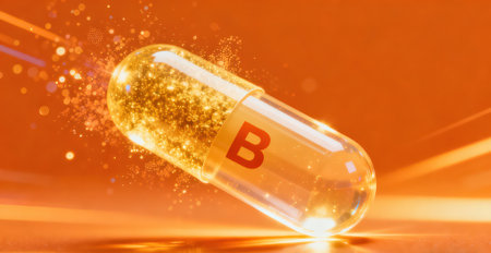 Vitamin B1 capsule on orange background. 3D illustration.の素材