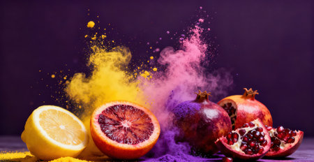 Fruit,pomegranate and powder on a purple backgroundの素材