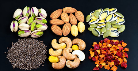 cashews, pistachios, dried apricots, pumpkin seeds and nuts on black backgroundの素材