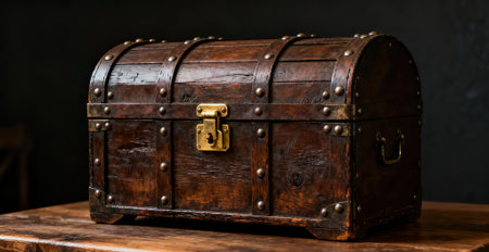Antique wooden chest on a dark background. The concept of treasure.の素材