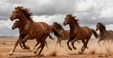 Horses run gallop in the desert on a cloudy day.の素材