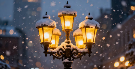 Snowfall in the city. Street lamp with snowflakes.の素材