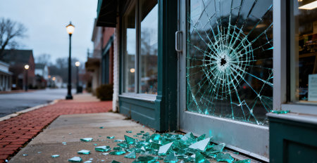 Broken glass on the front door of a store in the townの素材