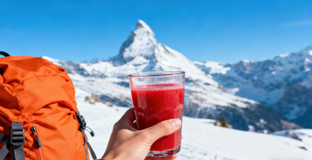Close up of female hand holding glass of fresh smoothie with snow mountain backgroundの素材