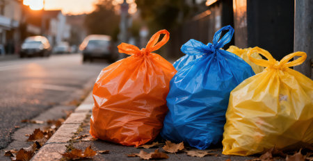 Garbage bags on the street. The concept of ecology and environmental pollution.の素材