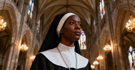 Young african american nun praying in the cathedral of Notre Dame de Parisの素材