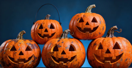 Halloween pumpkins on dark blue background with copy space for textの素材