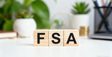 FSA - Financial Safety and Health Act acronym on wooden cubes.の素材