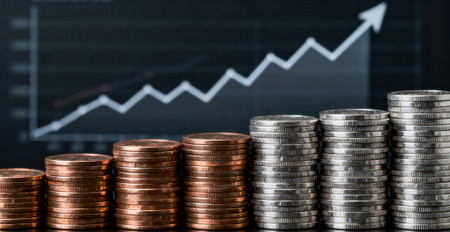 Stacks of coins with chart and graph background, business and finance conceptの素材