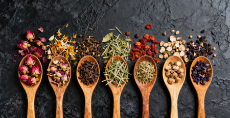 Herbs and spices in wooden spoons over black stone background.の素材