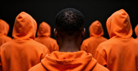 Rear view of a group of people wearing orange hooded uniformsの素材