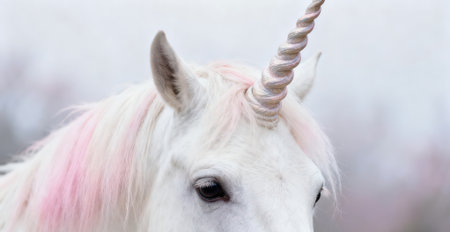 Close up of a white unicorn with pink mane in the winterの素材