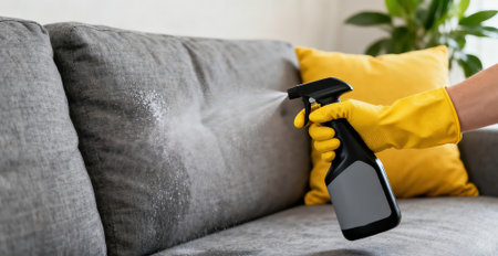 cropped view of woman in yellow gloves cleaning sofa with spray bottleの素材
