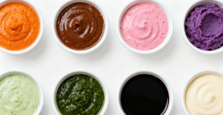 Variety of sauces in bowls over white background, top view.の素材