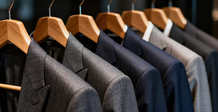 Men's suits on hangers in a shop, close-upの素材