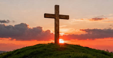 Cross on the hill with sunset in the background. Conceptual image.の素材