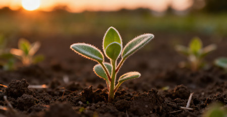 Green seedling growing in the soil at sunset. Nature concept.の素材
