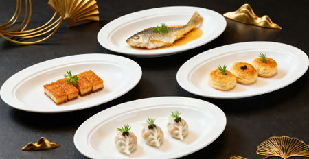 Fried fish with caviar and dill on a white plateの素材