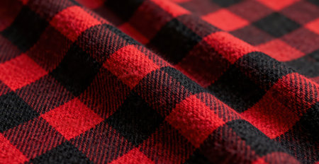Close up of red and black checked fabric texture background.の素材