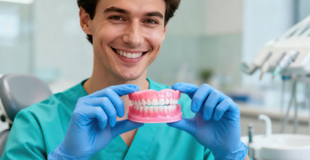 dentist holding denture and smiling at camera in dental clinicの素材