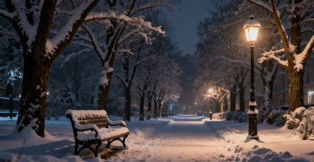 Winter park at night with lanterns, benches and trees covered with snow.の素材