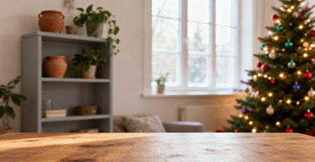 Empty wooden table in front of blurred living room with christmas treeの素材