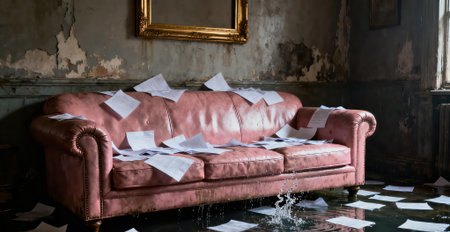 Interior of an old room with a pink sofa and sheets of paperの素材
