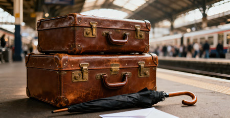Two old brown suitcases on the platform of the railway station.の素材