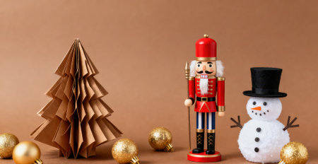 Christmas toy nutcracker and christmas tree on brown background.の素材