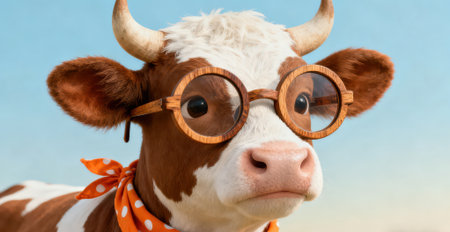 Portrait of a cow wearing glasses on a background of blue skyの素材