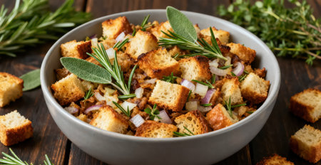 Salad with roasted croutons, herbs and spices on wooden backgroundの素材